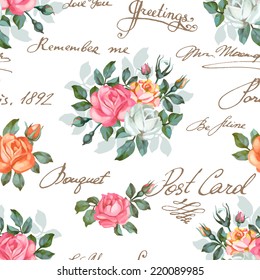 Seamless floral pattern with words, flower vector illustration. Elegance wallpaper with of  roses on floral background. Decorative vector illustration texture. Shabby chic rose. Hand write words