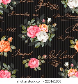 Seamless floral pattern with words, flower vector illustration. Elegance wallpaper with of  roses on floral background. Decorative vector illustration texture. Shabby chic rose. Hand write words