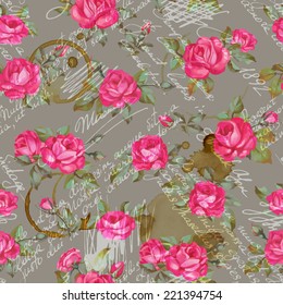 Seamless floral pattern with words, flower vector illustration. Elegance wallpaper with poppy on floral background. Decorative vintage vector illustration texture. Shabby chic rose. Hand write words 