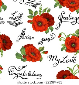 Seamless floral pattern with words, flower vector illustration. Elegance wallpaper with poppy on floral background. Decorative vintage vector illustration texture. Shabby chic rose. Hand write words 