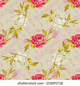 Seamless floral pattern with words, flower vector illustration. Elegance wallpaper with poppy on floral background. Decorative vintage vector illustration texture. Shabby chic rose. Hand write words 