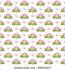 Seamless floral pattern. Wrapping. Wallpaper with colorful buds and hearts. Romantic vintage style. Spring wedding. Light background. For decorating cards, paper, background.