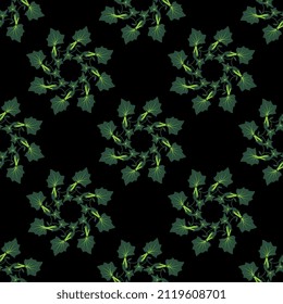 Seamless floral pattern with wreaths of ivy foliage. Green spiral mandalas on black background.