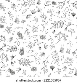 Seamless floral pattern for Xmas and new year celebration. Seamless paper  texture with outline plants and berries elements. Winter mapping.