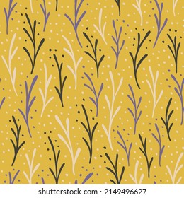 Seamless floral pattern. Yellow background with stylised leaves. Simple botanical wallpaper and vector 