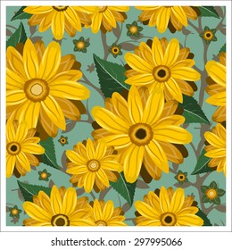 Seamless floral pattern of yellow beautiful flowers. Vector Illustration.