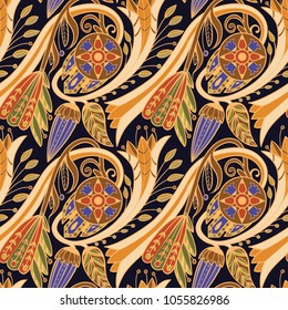 Seamless floral pattern. Yellow and blue on black background.