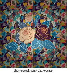 Seamless floral pattern in yellow, blue and gray colors with motley rose flowers and leaves. Vector illustration.