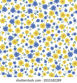 Seamless floral pattern of yellow and blue flowers. Small flowers scattered on a white background. Stock vector for printing on surfaces and web design.