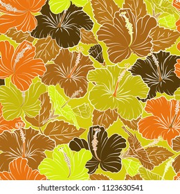 Seamless Floral Pattern in yellow, brown and orange colors. Vector hibiscus flowers seamless pattern.