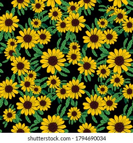 Seamless floral pattern. Yellow chamomile, wildflowers with green leaves on a black background. Vector hand drawn illustration in cartoon style.