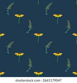Nahtloses Blumenmuster mit gelber Kamille und Wildblumen auf dunkelblauem Hintergrund. Einfaches botanisches Repeat-Design für Stoff, Umhüllung oder Tapete.