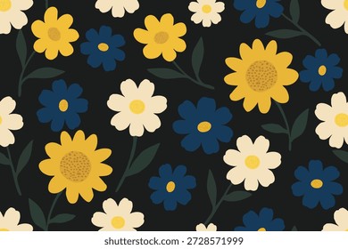 Padrão floral contínuo com flores amarelas, creme e marinhas em um fundo escuro, criando um design botânico moderno, porém brincalhão, perfeito para tecido e papel de parede.