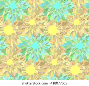 Seamless floral pattern with yellow and cyan guilloche flowers. Colorful crystal seamless guilloche pattern or background. Vector illustration
