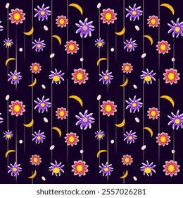 Seamless floral pattern with yellow daisies on a blue background, with tiny purple flowers.