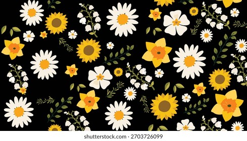 Patrón floral sin fisuras con margaritas amarillas y flores de manzanilla para verano y primavera 