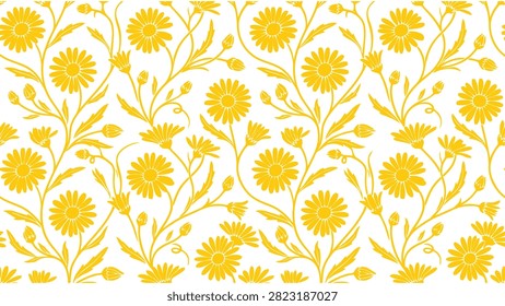 Seamless floral pattern with yellow daisy flowers on a white background in a decorative style