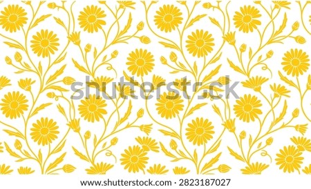 Seamless floral pattern with yellow daisy flowers on a white background in a decorative style