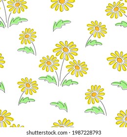 Seamless floral pattern with yellow dandelion flowers vector texture tile. Botanical repeating background. Summer garden icon. Spring print design. Backdrop. Wallpaper. Gift wrapping paper.