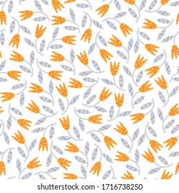 Patrón floral sin soldadura. Flores amarillas con hojas grises decoradas líneas curvadas en diferentes tonalidades caóticas colocadas sobre fondo blanco. Ilustración vectorial decorativa. Tejido cristalino.