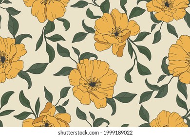 Seamless floral pattern. Yellow flowers on beige background. Trendy modern colorful style. Design for print, cover, fabric, t-shirt, wallpaper, wrapping paper, postcard, textile. Vector illustration.