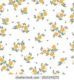 Seamless floral pattern of yellow flowers and green leaves. Small flowers scattered on a white background. Stock vector for printing on surfaces and web design.