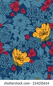 Seamless Floral Pattern With Yellow Flowers On Monochrome blue Background 
