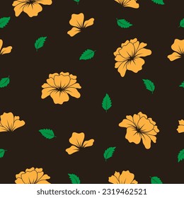 Seamless floral pattern with yellow flowers on brown background. Simple vintage vector illustration design