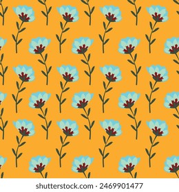 Nahtloses Blumenmuster. Gelbe Blumen auf beigem Hintergrund. Moderner und farbenfroher Stil im Trend. Design für Print, Cover, Stoff, T-Shirt, Bildschirmhintergrund, Verpackung