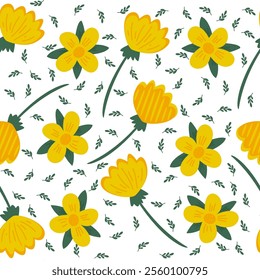 Seamless floral pattern. Yellow flowers and green leaves on the white background. Botany pattern. Daisy and tulip. Vector illustration