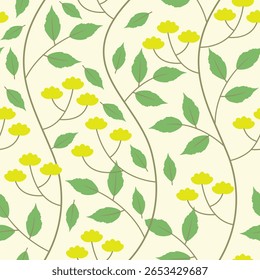 Patrón floral sin fisuras con flores amarillas y hojas verdes sobre fondo claro, ideal para tela, Fondo de pantalla o impresión