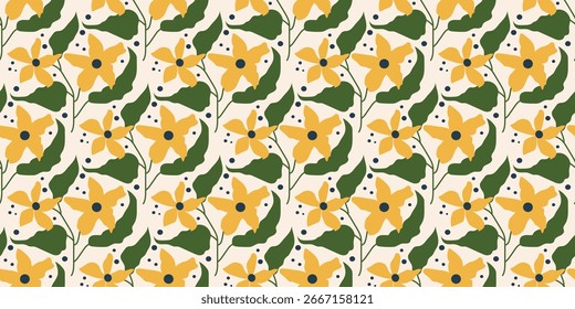 Seamless Floral Pattern with Yellow Flowers and Green Leaves. Retro Vintage Botanical Background for Fabric, Wallpaper, and Surface Design.