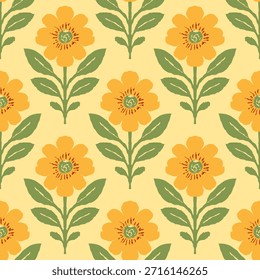 Patrón floral sin fisuras con flores amarillas y hojas verdes en estilo popular vintage sobre fondo pastel suave para el diseño de la superficie del Fondo de pantalla textil de la tela.