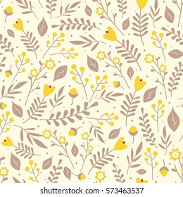 Seamless floral pattern with yellow flowers and beige leaves on light yellow background
