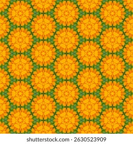 Padrão floral perfeito. Amarelo dá uma sensação brilhante. Destaca-se contra um fundo verde. Adiciona uma atmosfera natural. Adequado para decoração que requer conforto ocular e relaxamento tranquilo.