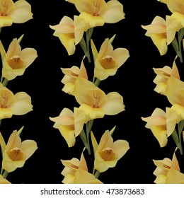 Seamless floral pattern with yellow gladiolus on black background. Vector illustration.