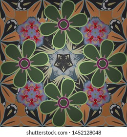 Seamless floral pattern in yellow, green and gray colors with motley flowers. Vector illustration.
