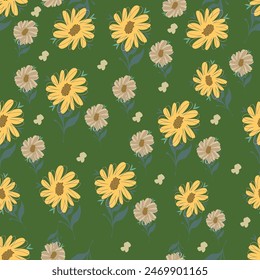 Seamless floral pattern with yellow and green wildflower garden and leaf wallpaper background elements