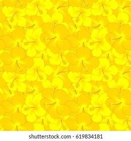 Seamless floral pattern with yellow hibiscus flowers, watercolor. Seamless pattern with floral motif. Vector illustration. Vector flower illustration.