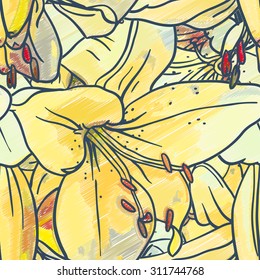 Seamless floral pattern with yellow  lilies.  Drawing ink and colored pencils. Vector illustration.