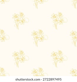 Patrón floral sin fisuras con flores amarillas del arte de la línea en un fondo blanco. Narcisos. Patrón botánico minimalista. Para textiles, Fondos de pantalla, papel de regalo, papelería, estampados de telas, marcas y fondos modernos.
