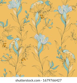 Seamless floral pattern in yellow ochre colors. Delicate, graceful background of inflorescences, petals, leaves, stems and flowers hand drawn with ink. Vector illustration with plants.
