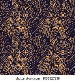 Seamless floral pattern. Yellow on black background.