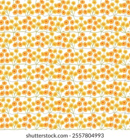 Seamless floral pattern with yellow and orange flowers on white background.