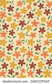 Patrón floral sin fisuras con flores amarillas, naranjas y marrones y hojas verdes sobre fondo beige, perfecto para tela, Fondo de pantalla, envoltura y diseño decorativo.