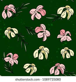 seamless floral pattern with yellow and pink flowers on  green background