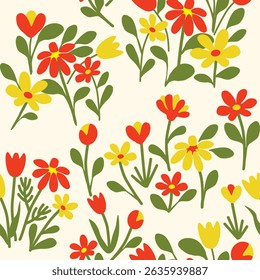 Seamless floral pattern with yellow and red flowers and green leaves, on almost white background. Could be used as print for card, fabric, textile, wallpaper, ribbon, texture, wrapping paper.