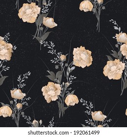 Seamless floral pattern with yellow roses on black background, watercolor. Vector illustration.