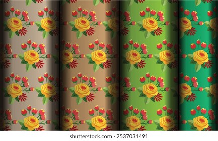 Seamless Floral Pattern with Yellow Roses and Red Buds on Colorful Backgrounds