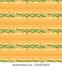 Seamless floral pattern with yellow roses and green thorny vines in horizontal stripes.